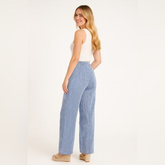 THAKOON Striped Straight Leg Trouser Blue White Drawstring High Waist Size 8 NEW - Picture 3 of 12